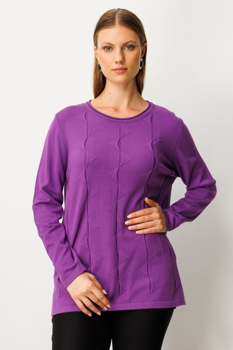 On Kadın Büyük Beden Kendinden Desenli Triko Kazak 65329 Mor Mor