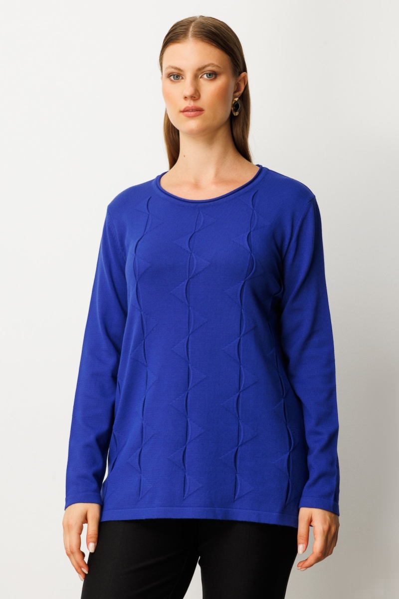 On Kadın Büyük Beden Kendinden Desenli Triko Kazak 65329 Saks Saks