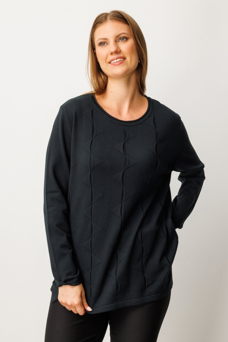 On Kadın Büyük Beden Kendinden Desenli Triko Kazak 65329 Siyah Siyah