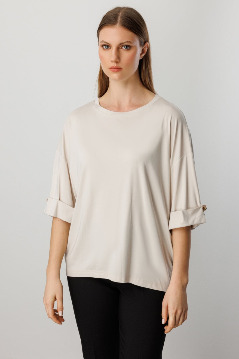 On Kadın Büyük Beden Kolu Metal Aksesuarlı Sıfır Yaka Bluz 61398 Taş Taş