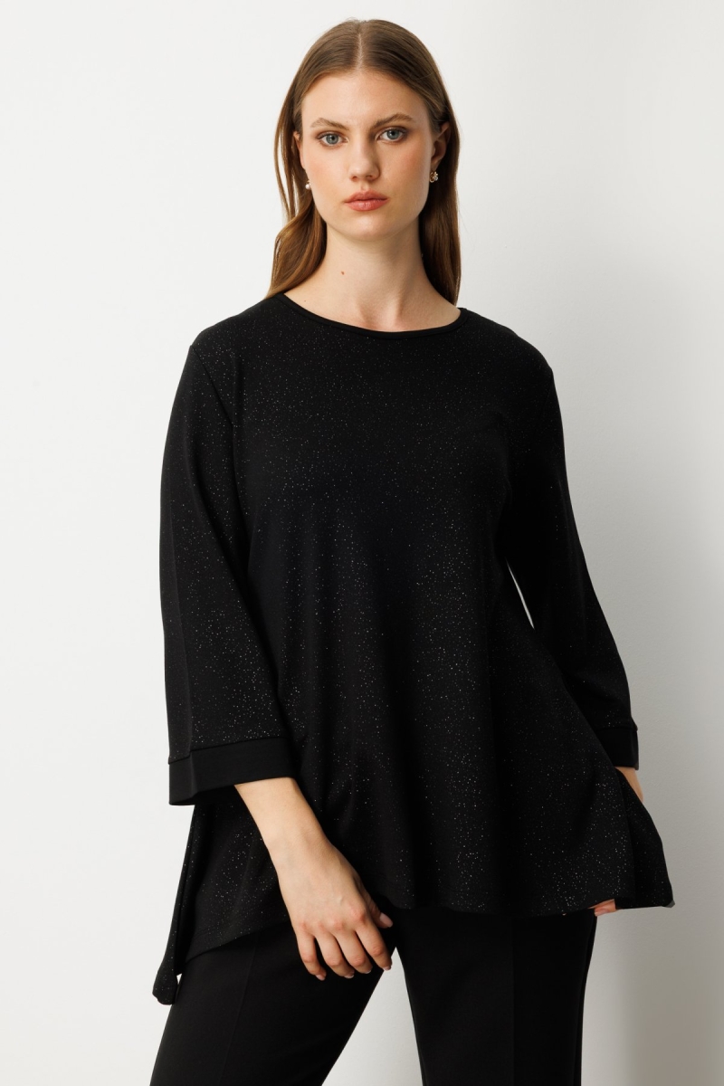 On Kadın Büyük Beden Kumaşı Simli Rahat Kalıp Bluz 61393 Siyah Siyah