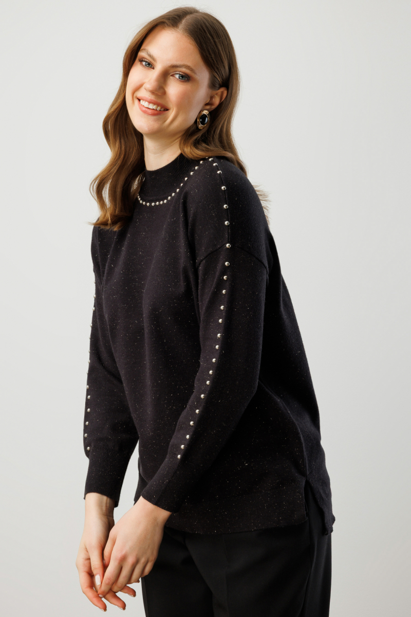 On Kadın Büyük Beden Kumaşı Simli Zımba Detaylı Triko Kazak 60307 Siyah Siyah