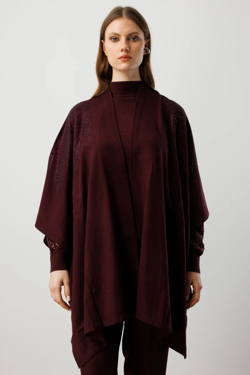 On Kadın Büyük Beden Omuzları Taşlı Yarasa Kol Hırka 60322 Bordo Bordo