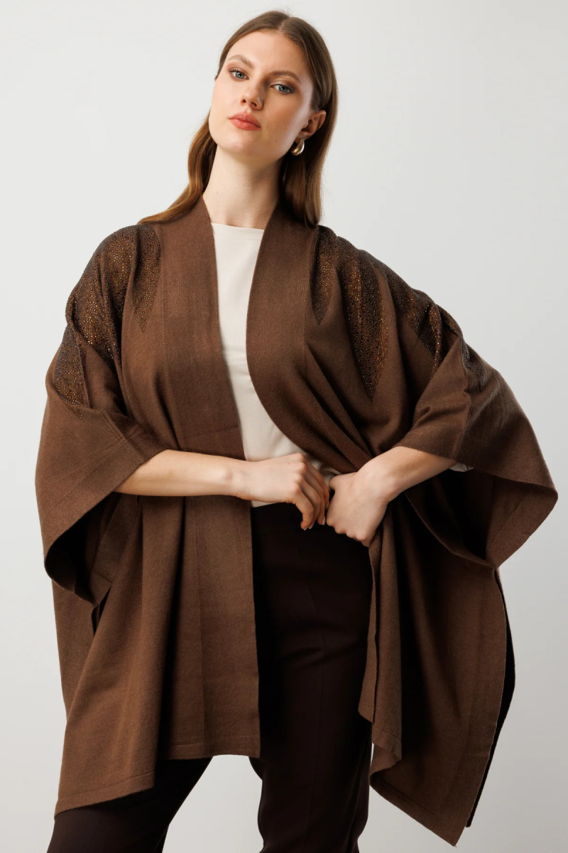 On Kadın Büyük Beden Omuzları Taşlı Yarasa Kol Hırka 60322 Kahverengi Kahverengi