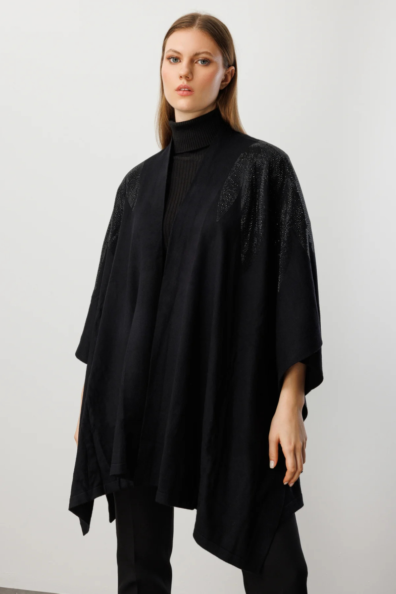 On Kadın Büyük Beden Omuzları Taşlı Yarasa Kol Hırka 60322 Siyah Siyah