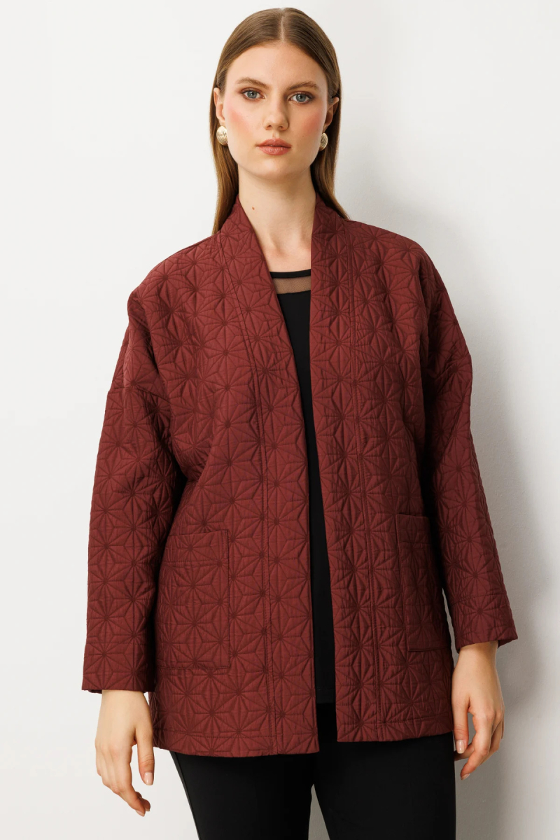 On Kadın Büyük Beden Önü Açık Desenli Ceket 65202 Bordo Bordo