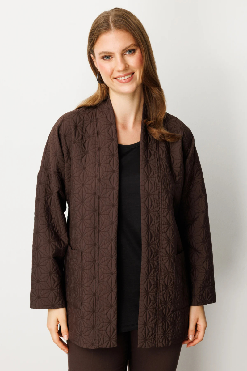 On Kadın Büyük Beden Önü Açık Desenli Ceket 65202 Kahverengi Kahverengi