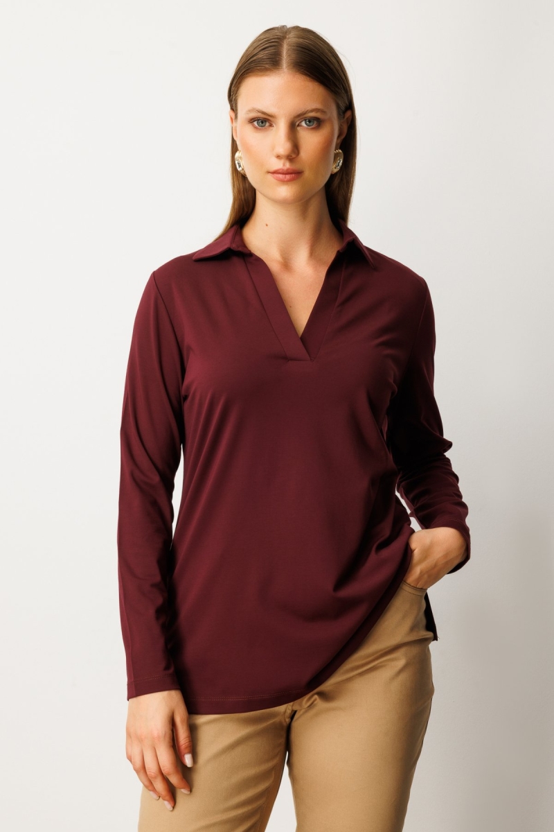 On Kadın Büyük Beden Polo Yaka Basic Bluz 61332 Bordo Bordo