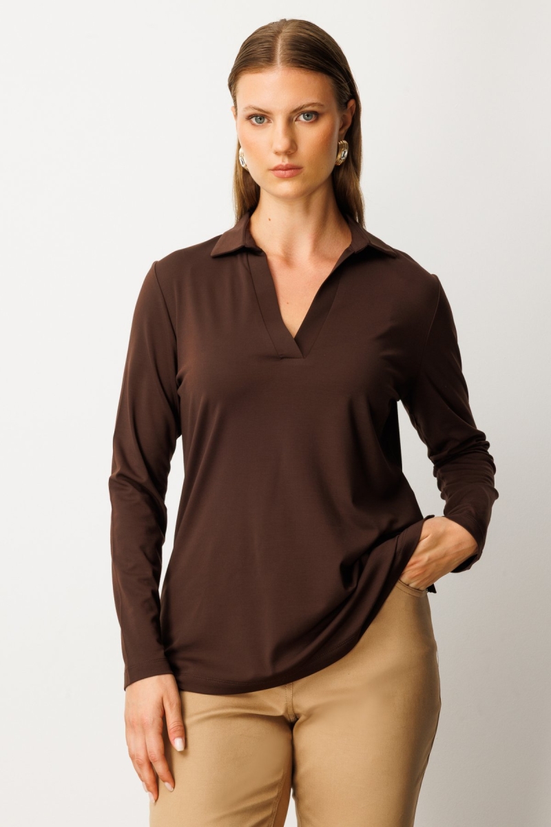 On Kadın Büyük Beden Polo Yaka Basic Bluz 61332 Kahverengi Kahverengi