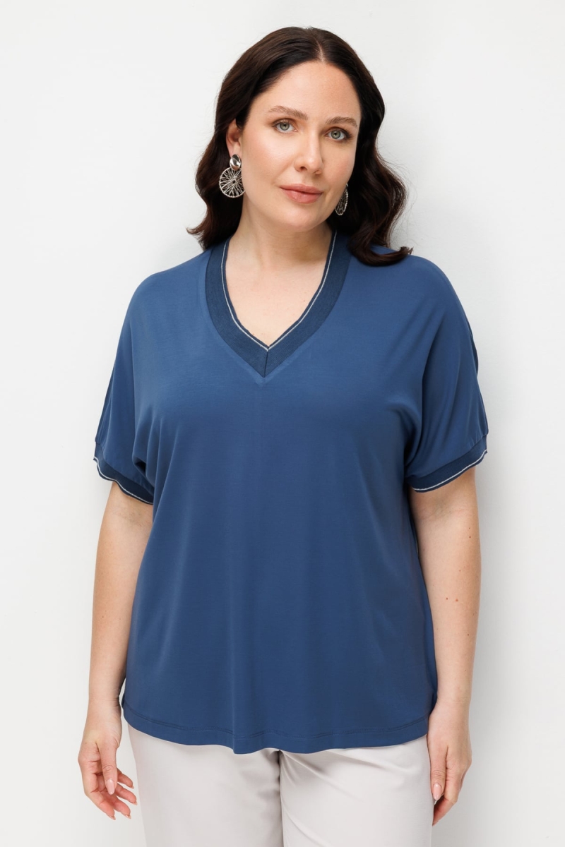 On Kadın Büyük Beden Ribanalı V Yaka Bluz 71520 Indigo Indigo