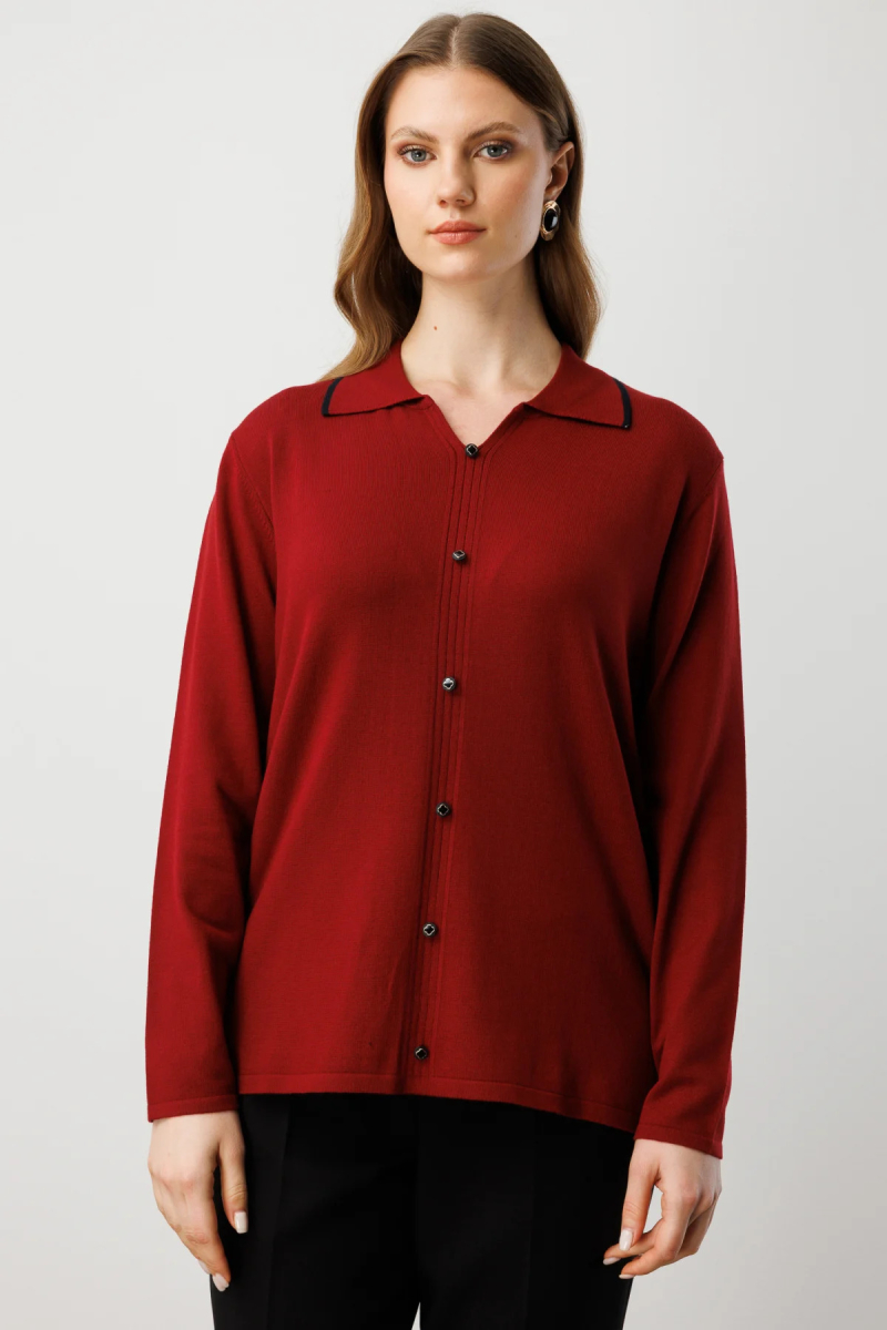 On Kadın Büyük Beden Süs Düğmeli Polo Yaka Triko Kazak 65384 Bordo Bordo