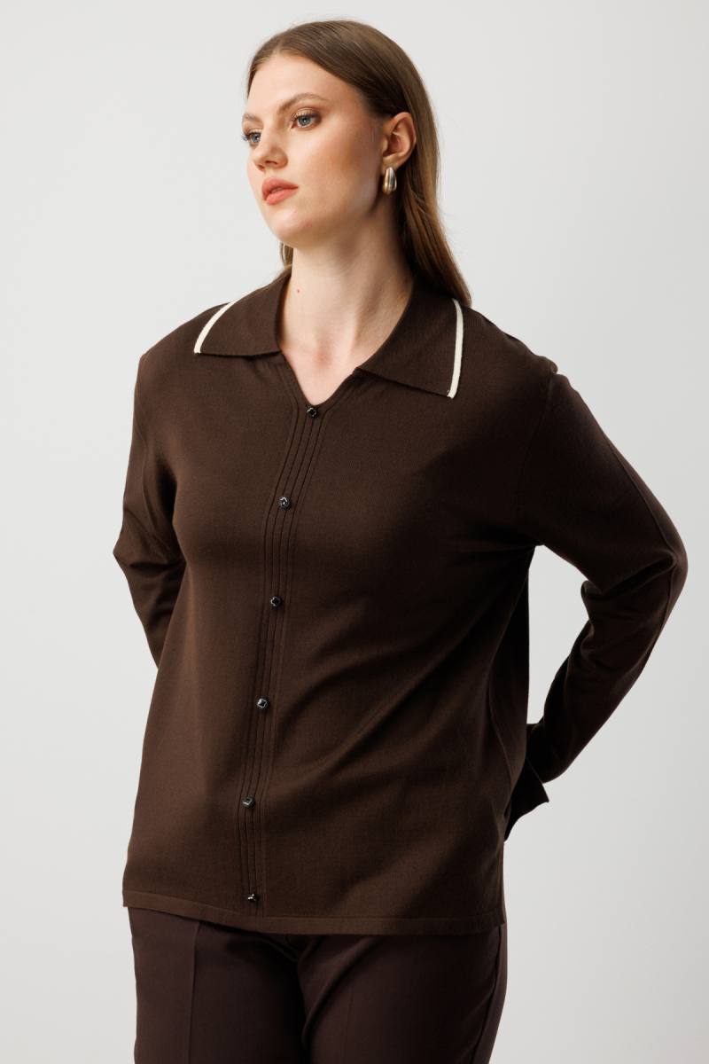 On Kadın Büyük Beden Süs Düğmeli Polo Yaka Triko Kazak 65384 Kahverengi Kahverengi