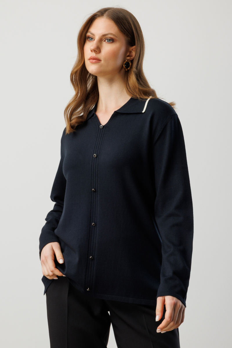 On Kadın Büyük Beden Süs Düğmeli Polo Yaka Triko Kazak 65384 Siyah Siyah