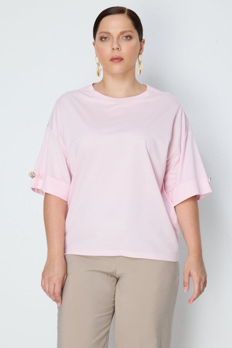 On Kadın Büyük Beden Süs Düğmeli Yarım Kollu Bluz 71490 Pembe Pembe