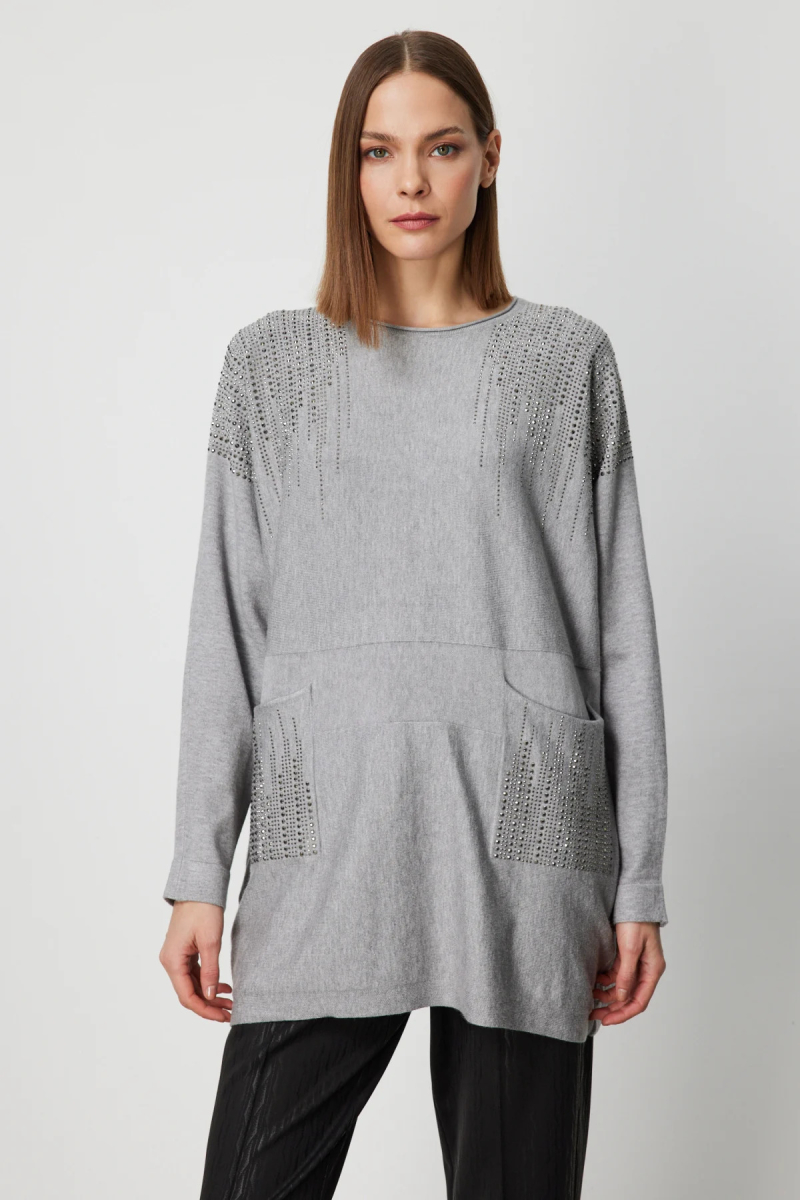 On Kadın Büyük Beden Taş İşlemeli Torba Cepli Kazak 60304 Gri Gri