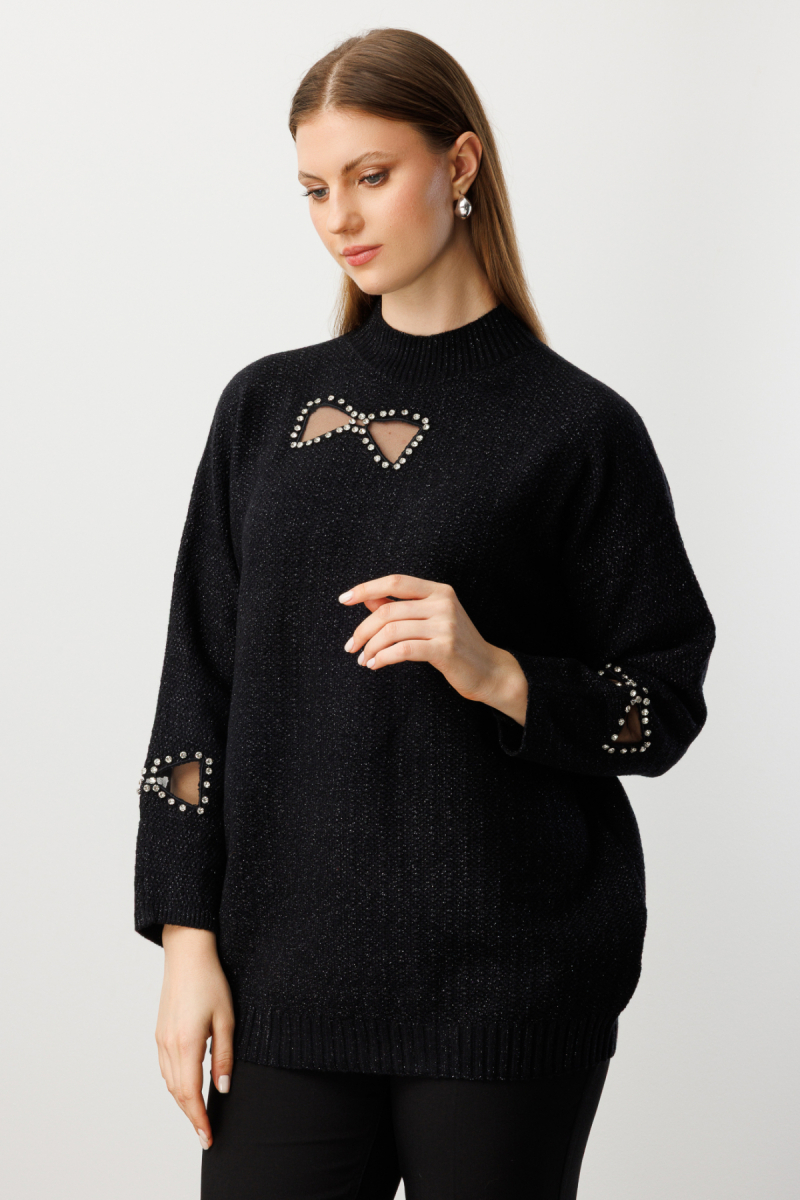 On Kadın Büyük Beden Taşlı Transparan Detaylı Triko Kazak 60306 Siyah Siyah