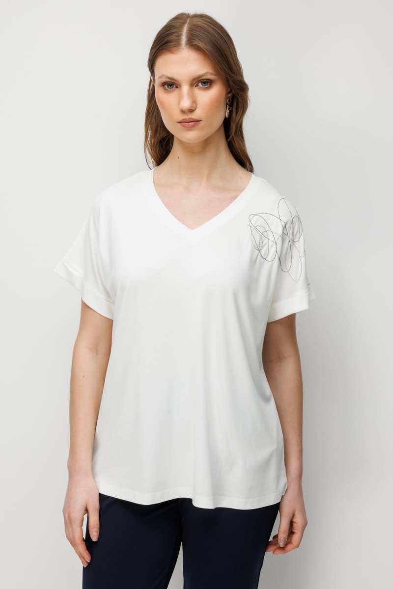 On Kadın Büyük Beden Tek Omzu Zincirli V Yaka T-Shirt 71368 Ekru Ekru