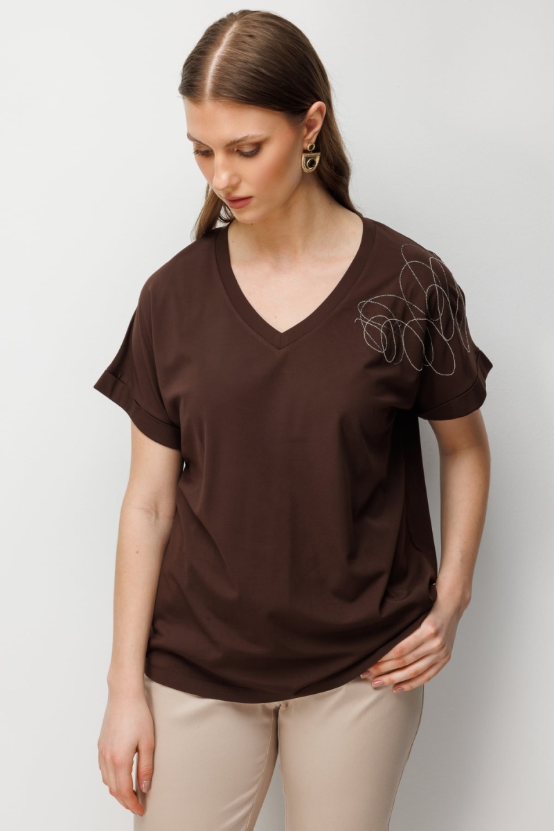 On Kadın Büyük Beden Tek Omzu Zincirli V Yaka T-Shirt 71368 Kahverengi Kahverengi