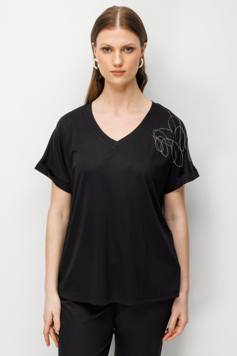 On Kadın Büyük Beden Tek Omzu Zincirli V Yaka T-Shirt 71368 Siyah Siyah