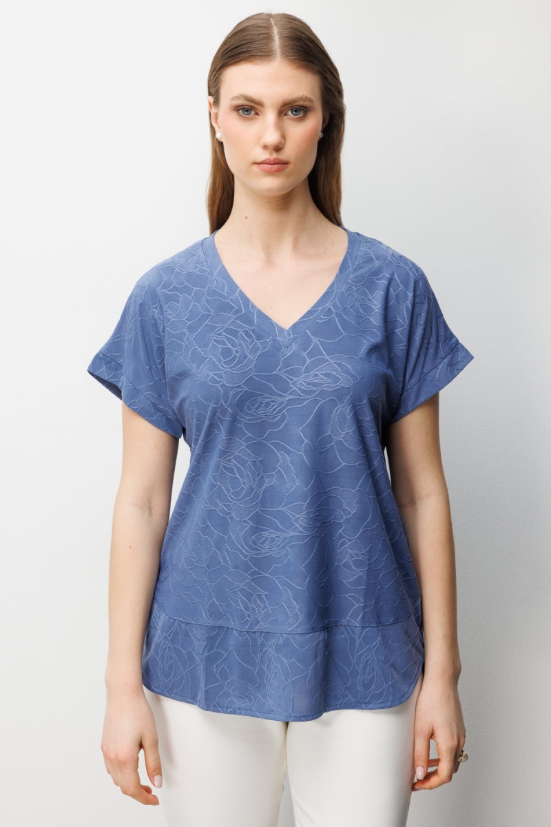 On Kadın Büyük Beden V Yaka Desenli Bluz 71343 Indigo Indigo