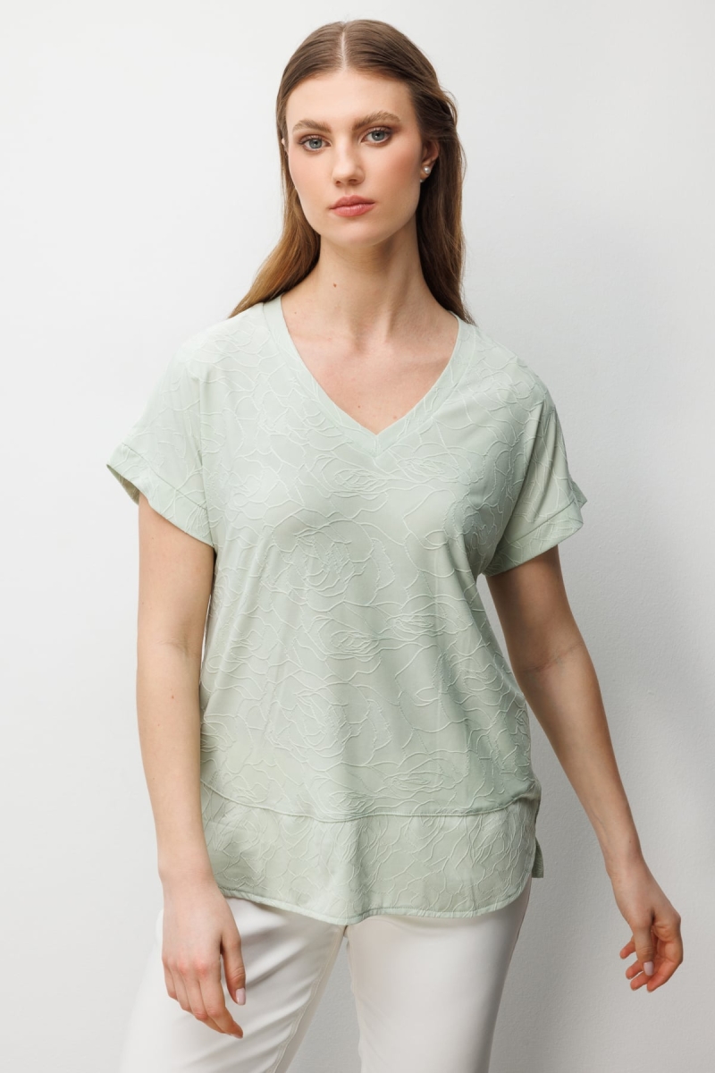 On Kadın Büyük Beden V Yaka Desenli Bluz 71343 Mint Mint