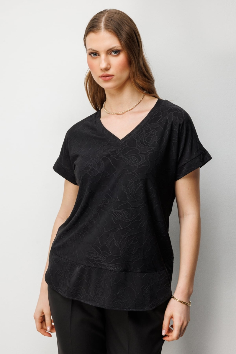 On Kadın Büyük Beden V Yaka Desenli Bluz 71343 Siyah Siyah