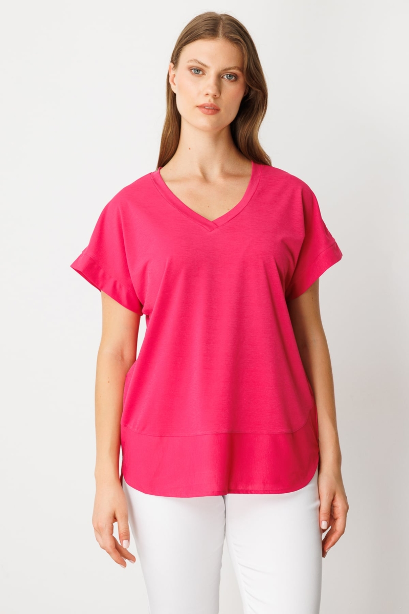 On Kadın Büyük Beden V Yaka Parçalı T-Shirt 71476 Fuşya Fuşya