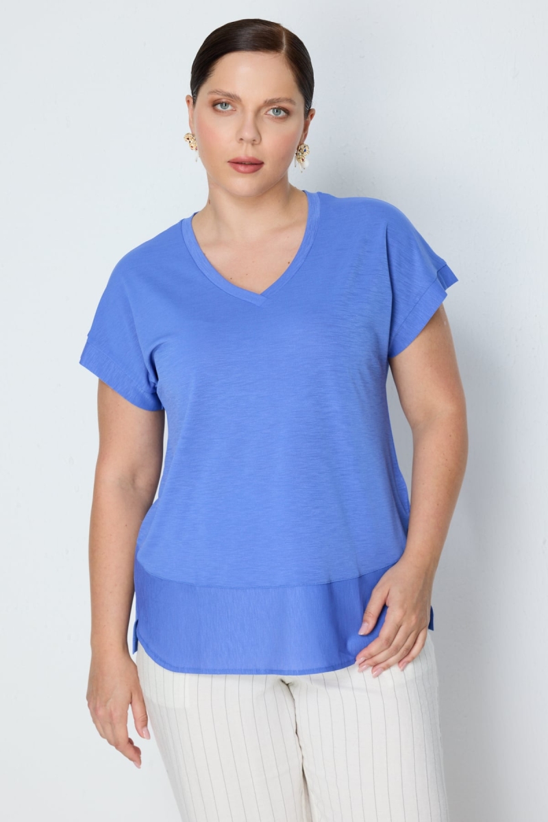 On Kadın Büyük Beden V Yaka Parçalı T-Shirt 71476 Indigo Indigo