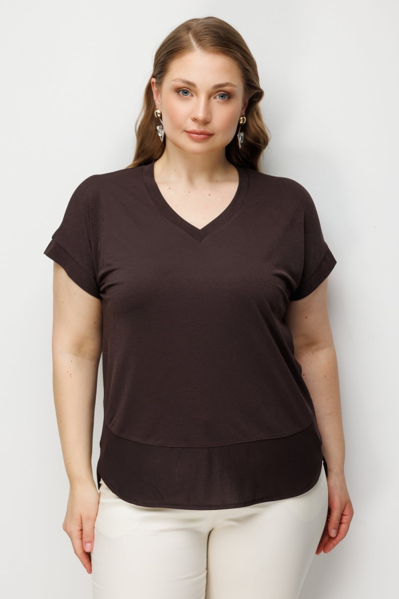 On Kadın Büyük Beden V Yaka Parçalı T-Shirt 71476 Kahverengi Kahverengi