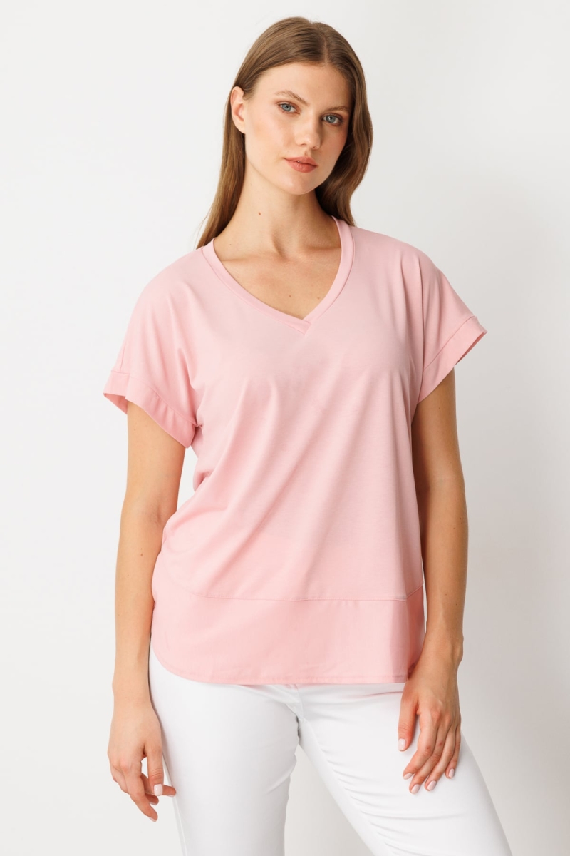 On Kadın Büyük Beden V Yaka Parçalı T-Shirt 71476 Pudra Pudra