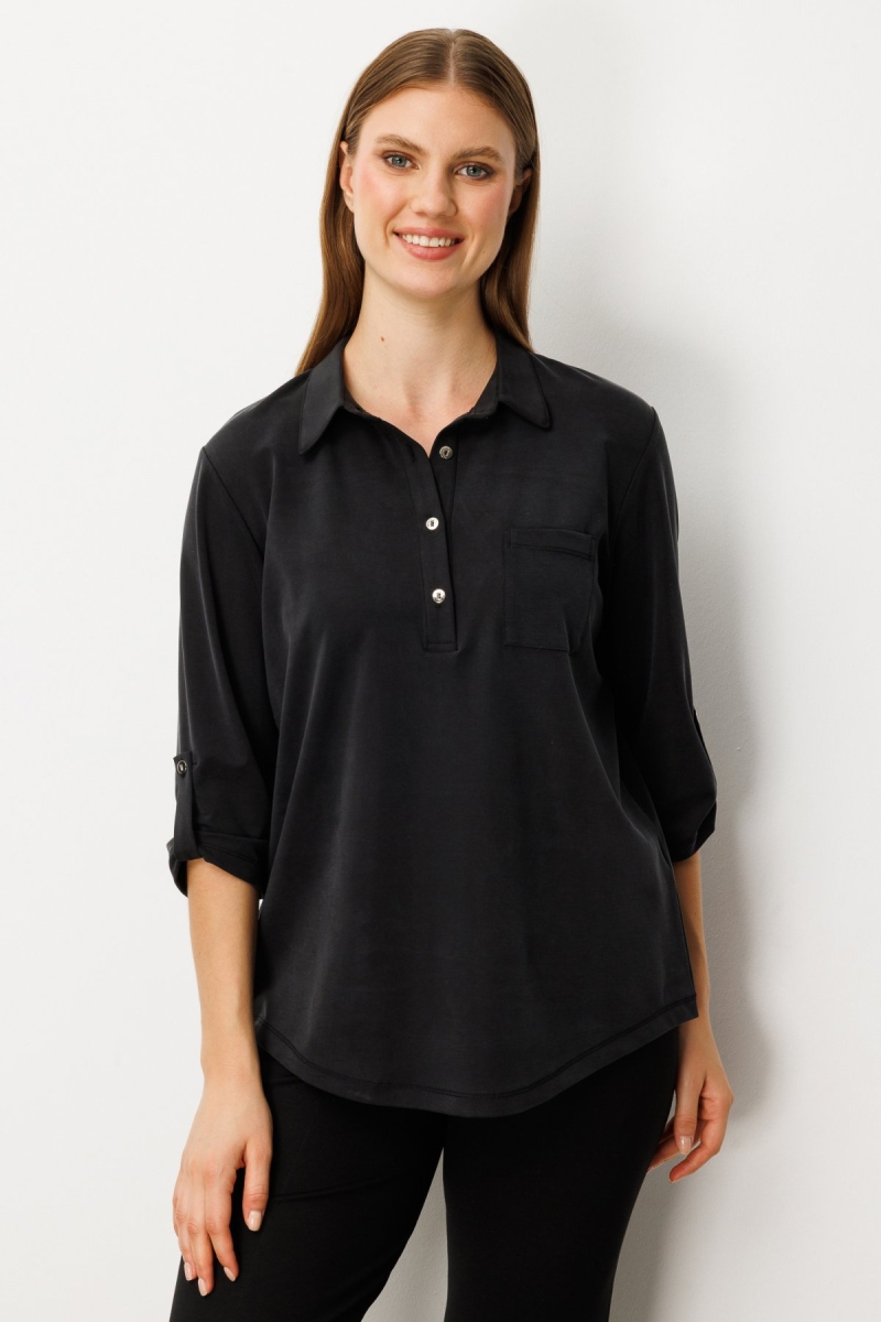 On Kadın Büyük Beden Yakası Düğmeli Cep Detaylı Bluz 61356 Siyah Siyah