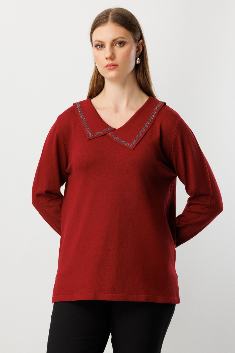 On Kadın Büyük Beden Yakası Taşlı Triko Kazak 65395 Bordo Bordo
