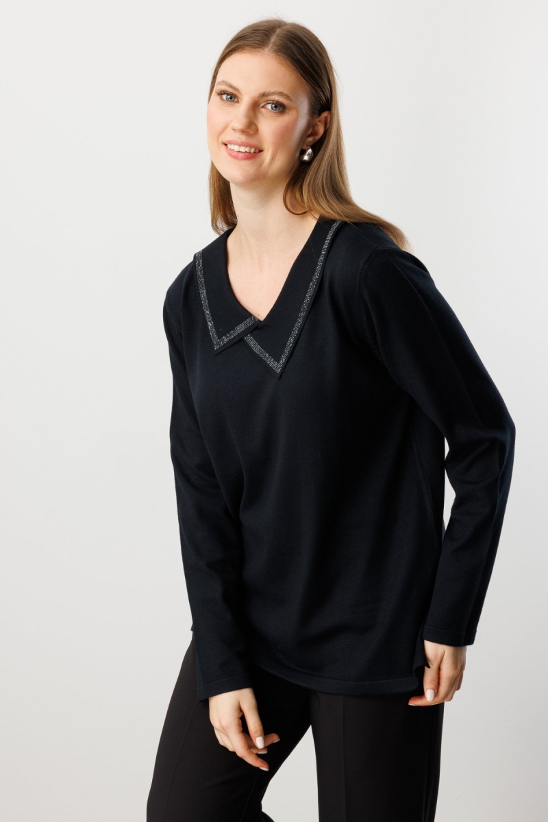 On Kadın Büyük Beden Yakası Taşlı Triko Kazak 65395 Siyah Siyah