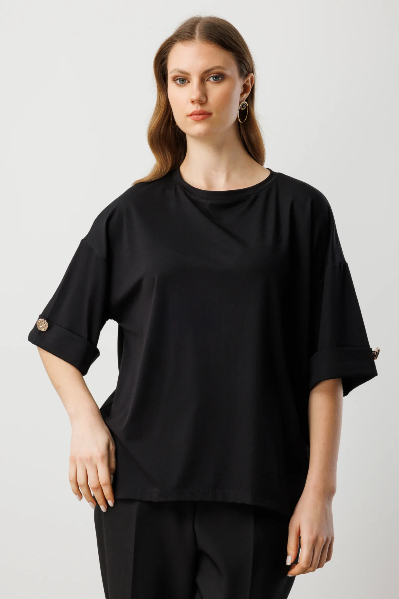 On Kadın Büyük Beden Yarım Kol Metal Aksesuarlı Bluz 61434 Siyah Siyah