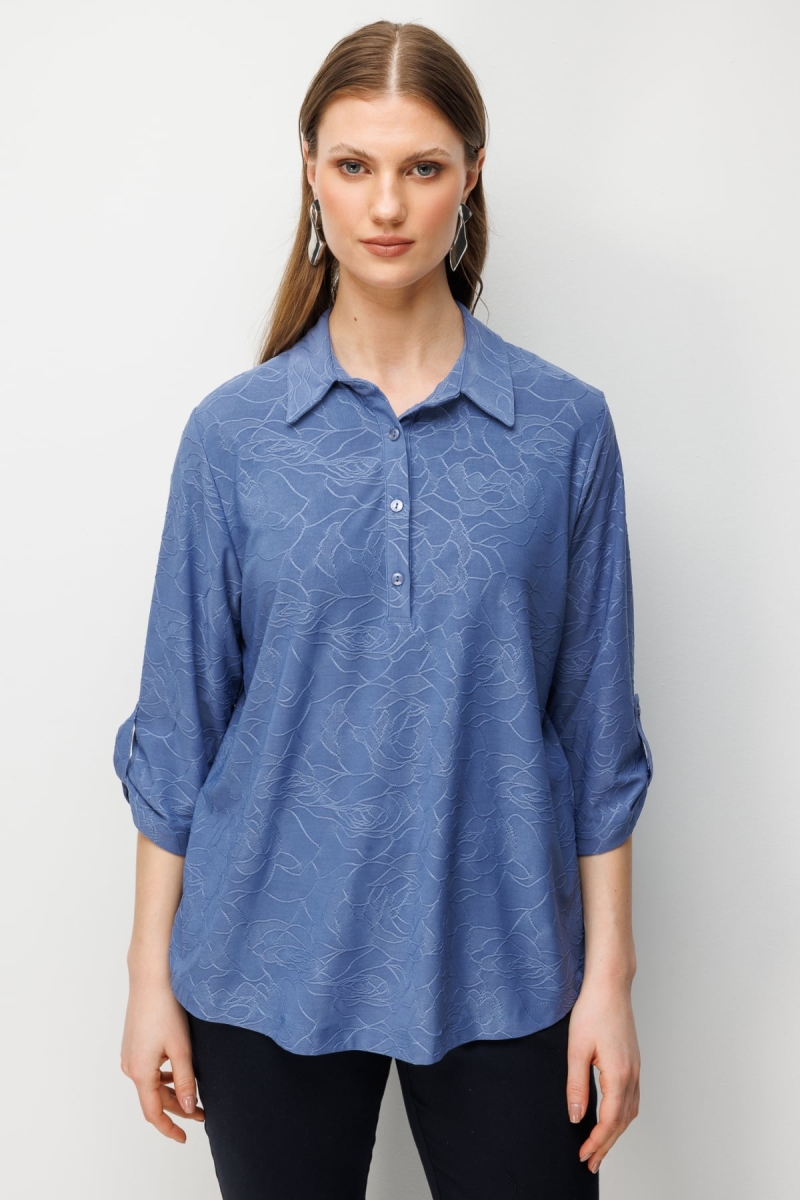 On Kadın Büyük Beden Yarım Kollu İşlemeli Bluz 71342 Indigo Indigo