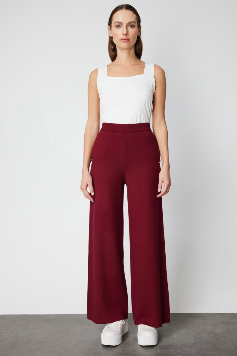 On Kadın Cebi Taş Detaylı Bol Paça Triko Pantolon 63919 Bordo Bordo