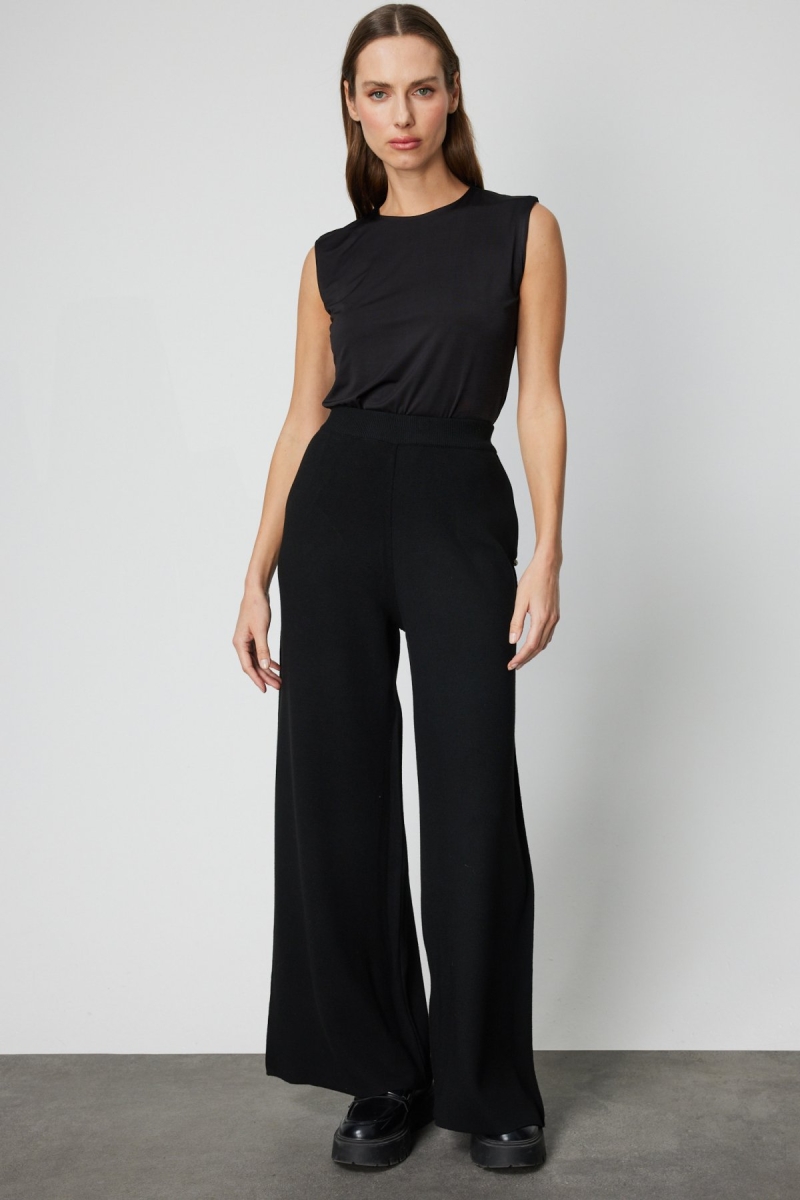 On Kadın Cebi Taş Detaylı Bol Paça Triko Pantolon 63919 Siyah Siyah