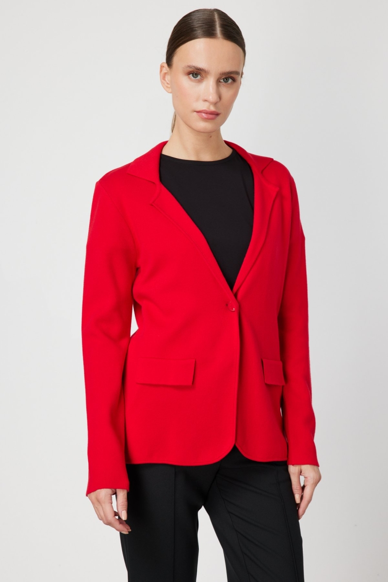 On Kadın Ceket Yaka Triko Hırka 63926 Kırmızı Kırmızı