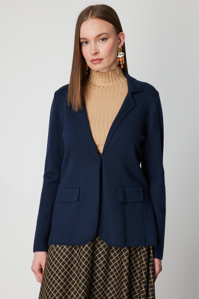 On Kadın Ceket Yaka Triko Hırka 63926 Lacivert Lacivert