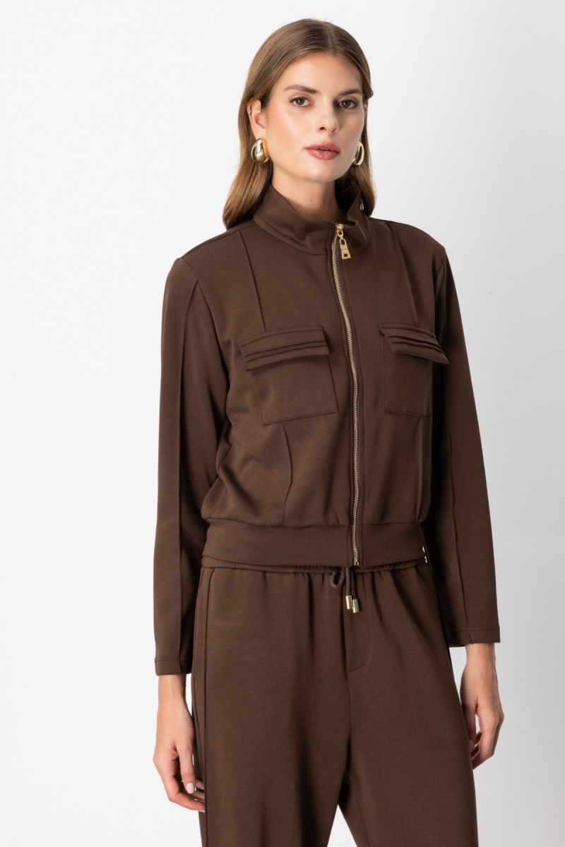 On Kadın Cep Detaylı Dik Yaka Eşofman Üstü 66509 Kahverengi Kahverengi