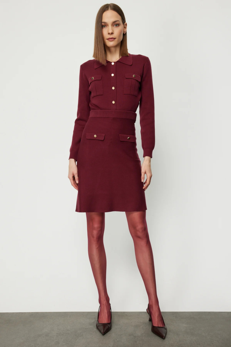 On Kadın Cep Detaylı Diz Üstü Triko Etek 69508 Bordo Bordo