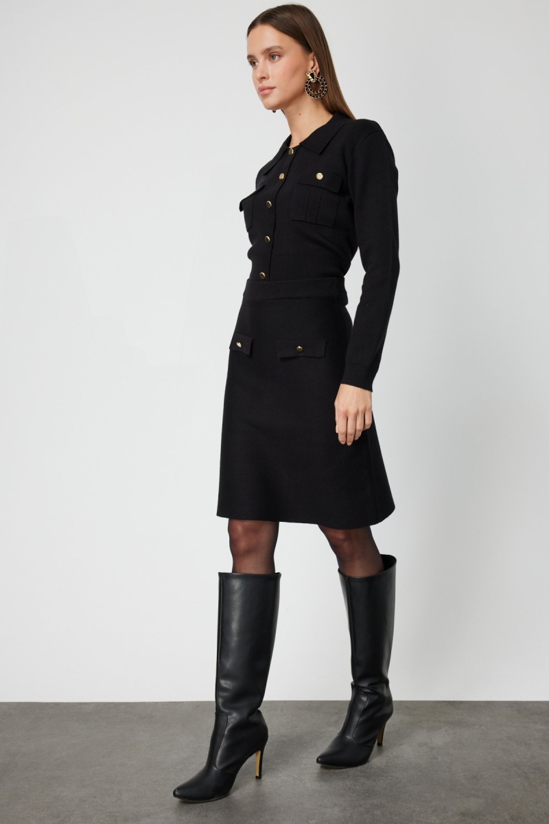 On Kadın Cep Detaylı Diz Üstü Triko Etek 69508 Siyah Siyah