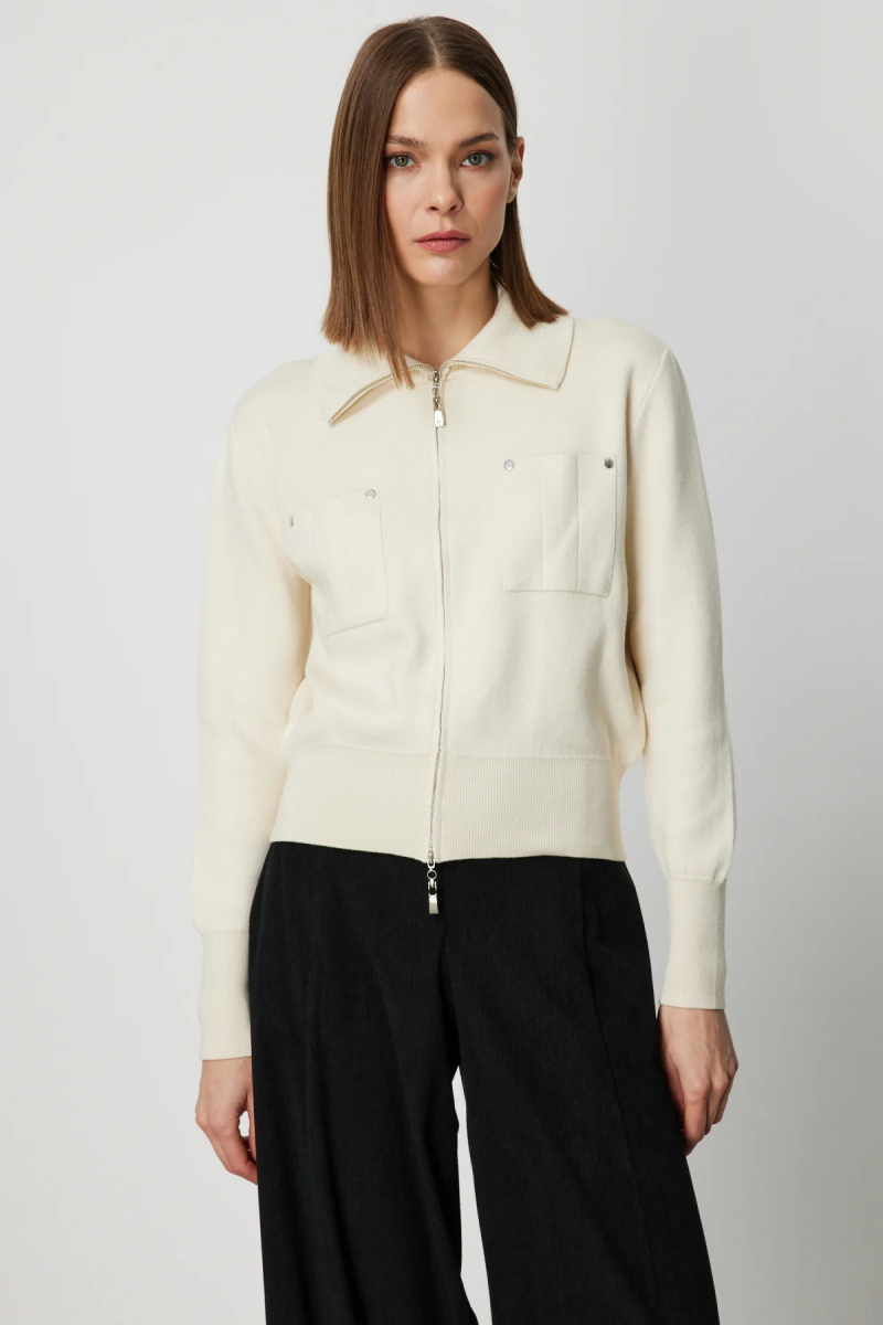 On Kadın Cep Detaylı Fermuarlı Triko Hırka 69904 Krem Krem