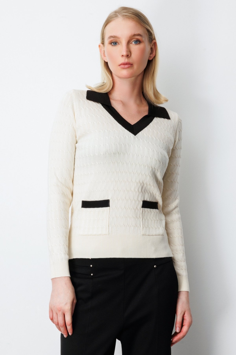 On Kadın Cep Detaylı Uzun Kollu Kazak 65313 Krem Krem