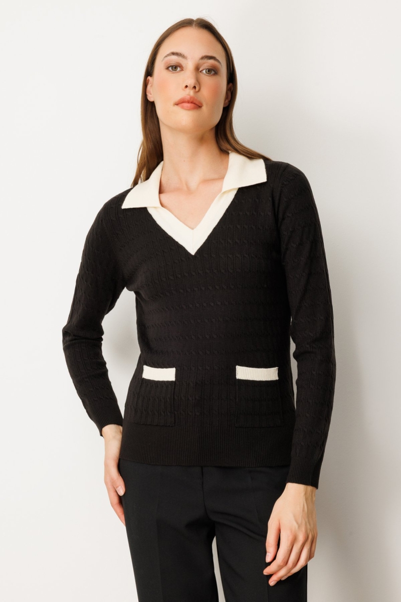 On Kadın Cep Detaylı Uzun Kollu Kazak 65313 Siyah Siyah