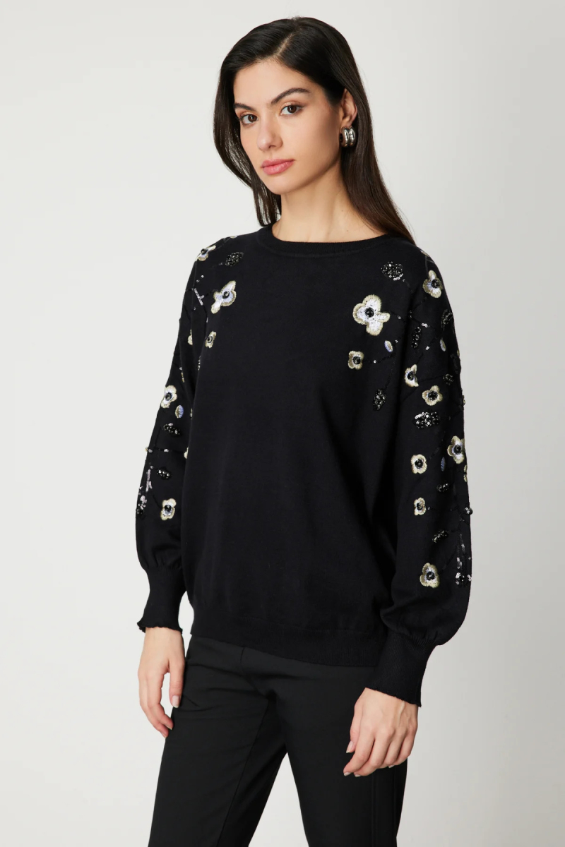 On Kadın Çiçek İşlemeli Balon Kol Triko Kazak 60358 Siyah Siyah