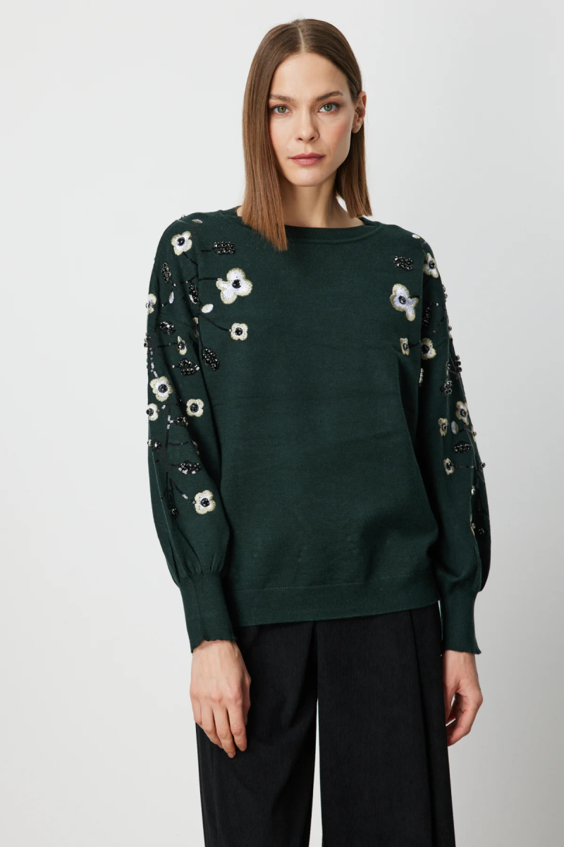 On Kadın Çiçek İşlemeli Balon Kol Triko Kazak 60358 Yeşil Yeşil