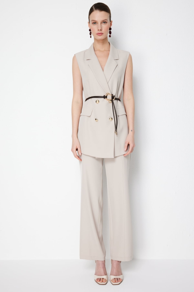 On Kadın Çimalı Bağcıklı Bol Paça Pantolon 78106 Kum Kum