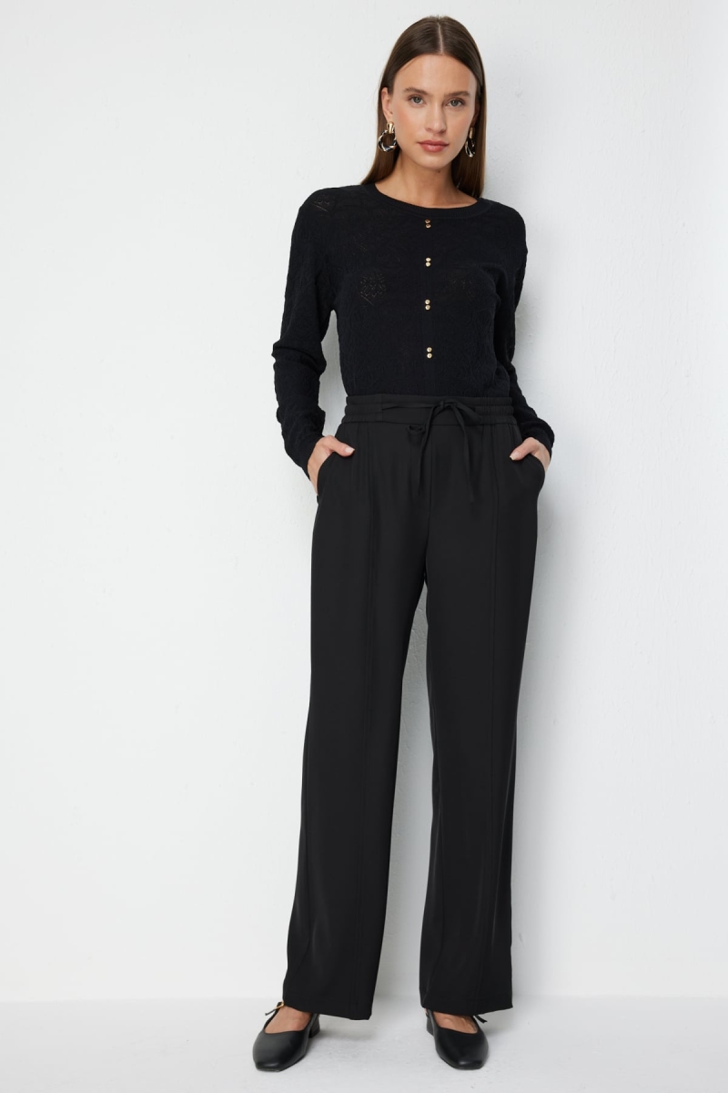 On Kadın Çimalı Bağcıklı Bol Paça Pantolon 78106 Siyah Siyah