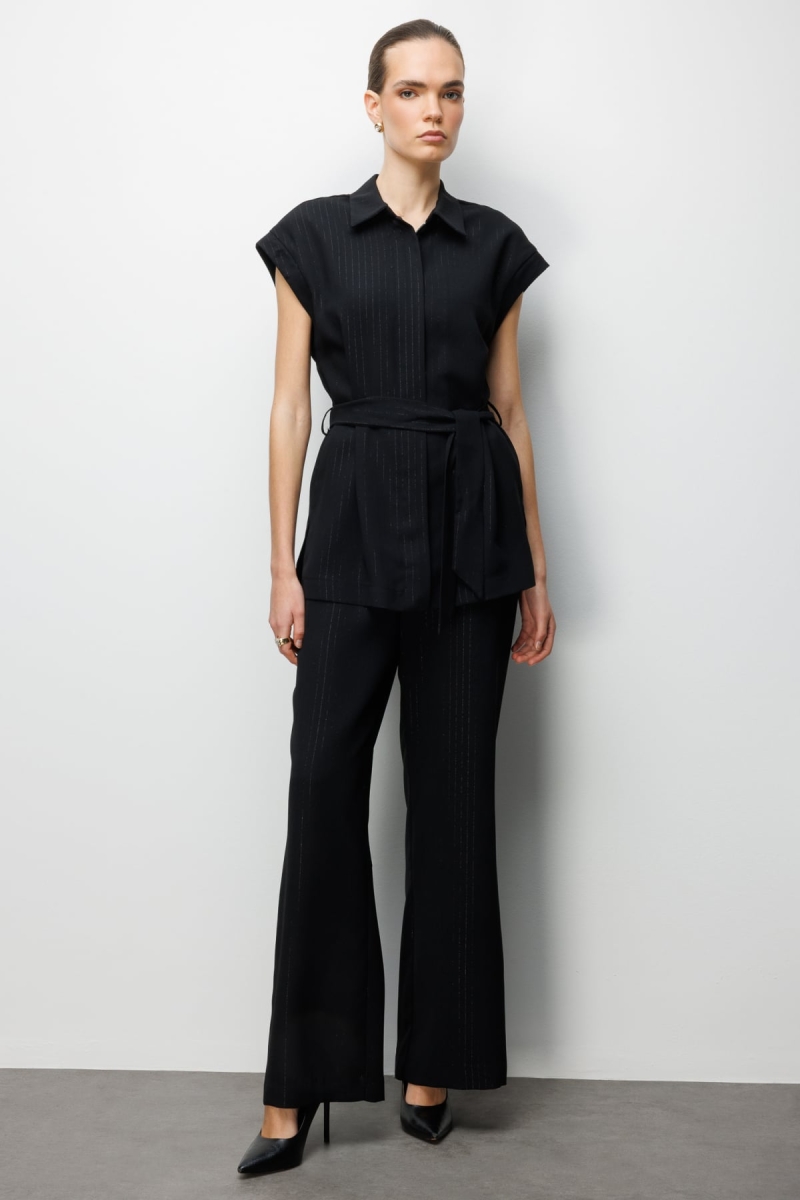 On Kadın Çizgi Desenli Bol Paça Pantolon 74901 Siyah Siyah